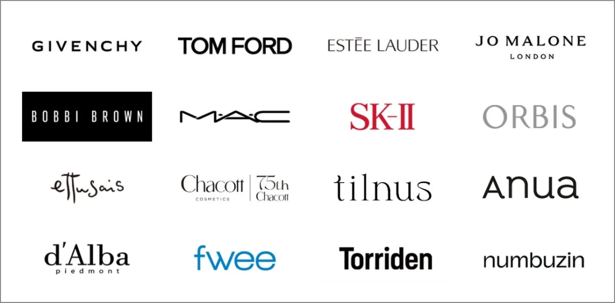 複数の有名化粧品・美容ブランドのロゴが整然と並べられています
