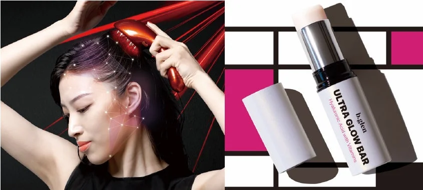 女性が頭皮ケア用の美容機器を使用している様子と、b.glenのヒアルロン酸とビタミン配合のスティック型美容液「ULTRA GLOW BAR」が並べられた、美容製品を紹介する画像です。