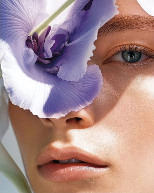 紫色の大きな花で顔の一部が覆われた女性のクローズアップポートレート