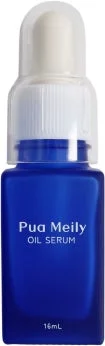 青いボトルに入った「Pua Meily OIL SERUM」の美容液です。容量は16mLで、白いキャップとスポイトが付いています。