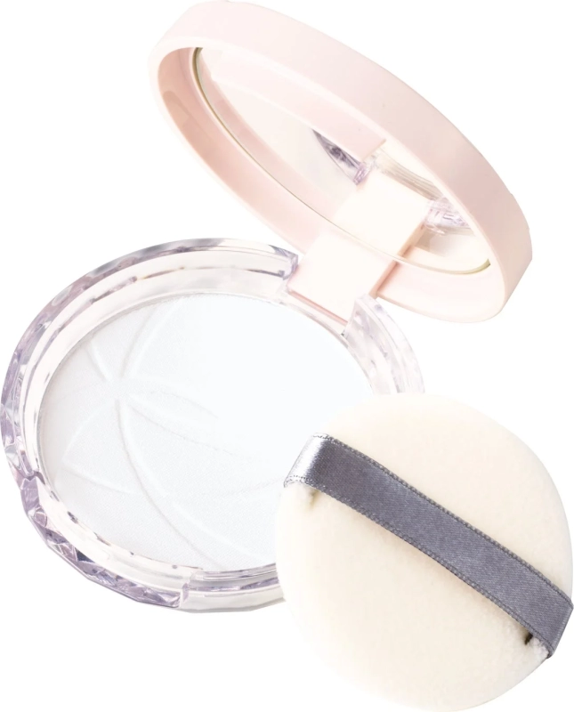 ピンクの蓋が付いたコンパクトケースに入った白いフェイスパウダーと、丸いパフが写っています。蓋にはミラーが付いています。